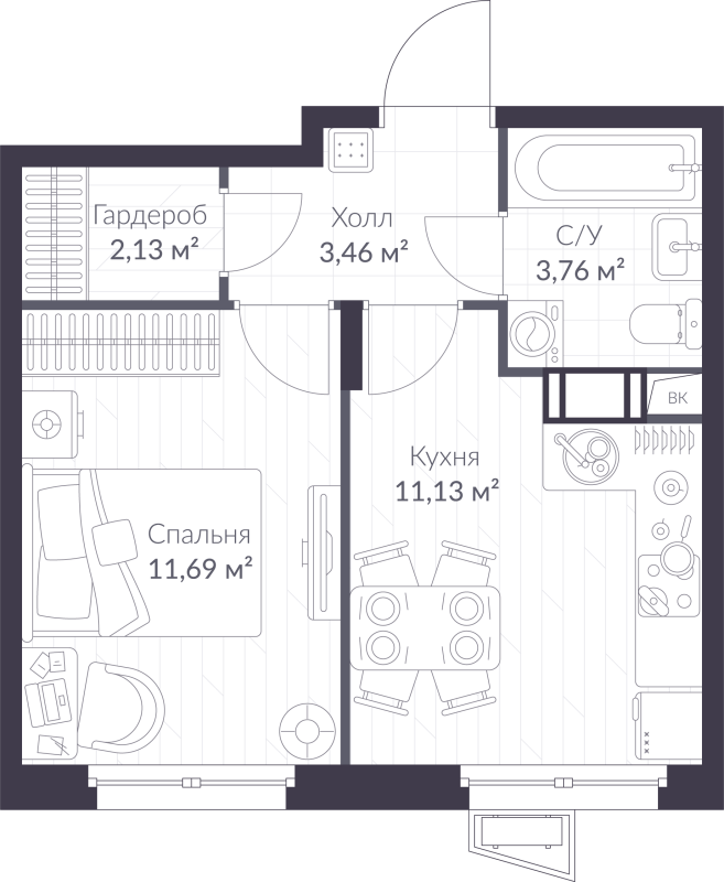 1-комнатная квартира, 32.17 м² - планировка, фото №1