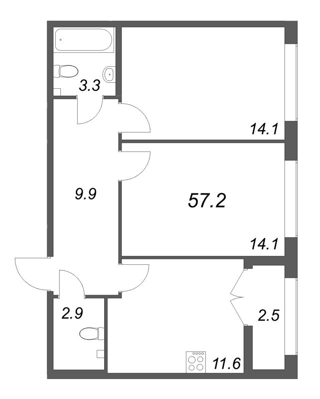 2-комнатная квартира, 57.2 м² в ЖК "Кронунг ЮГ" - планировка, фото №1