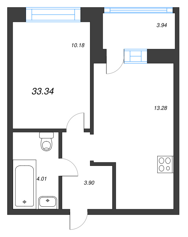 1-комнатная квартира, 33.34 м² в ЖК "Уютный" - планировка, фото №1