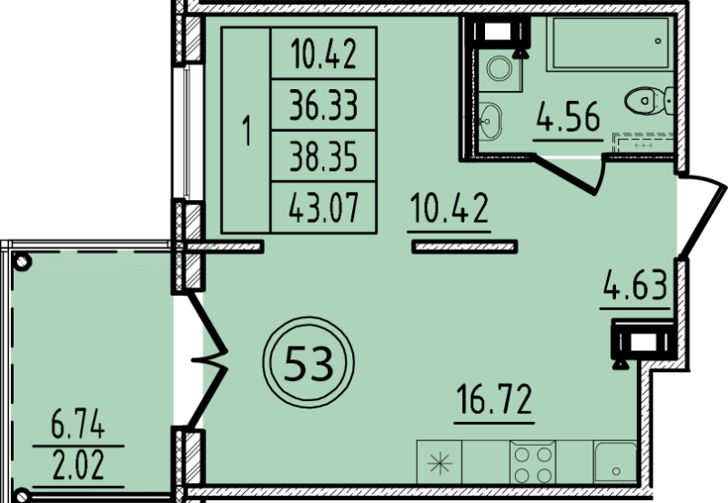 2-комнатная (Евро) квартира, 36.33 м² - планировка, фото №1