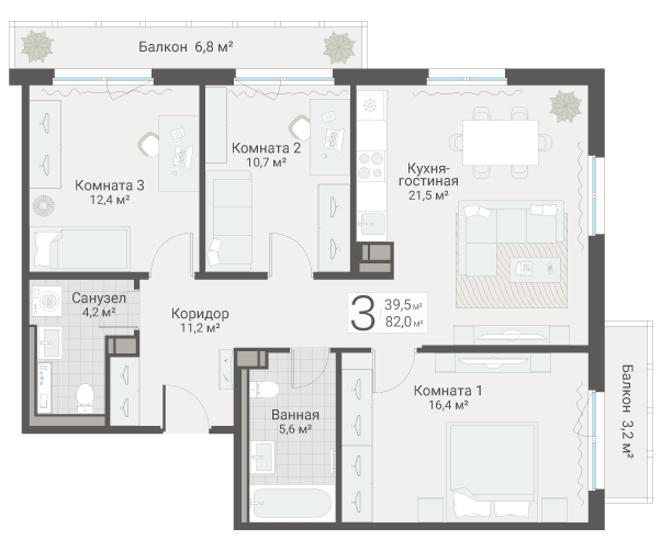4-комнатная (Евро) квартира, 82 м² в ЖК "Руднева 15" - планировка, фото №1