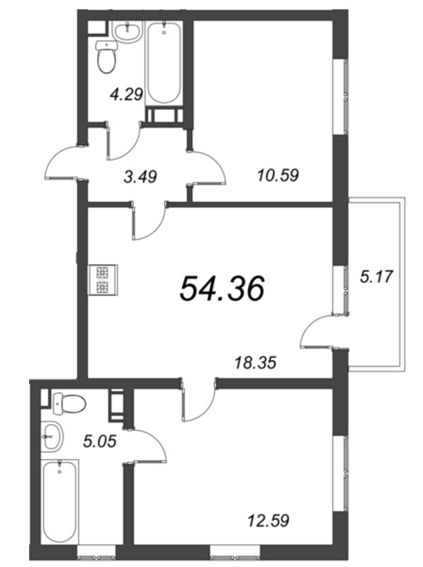 3-комнатная (Евро) квартира, 59.57 м² - планировка, фото №1