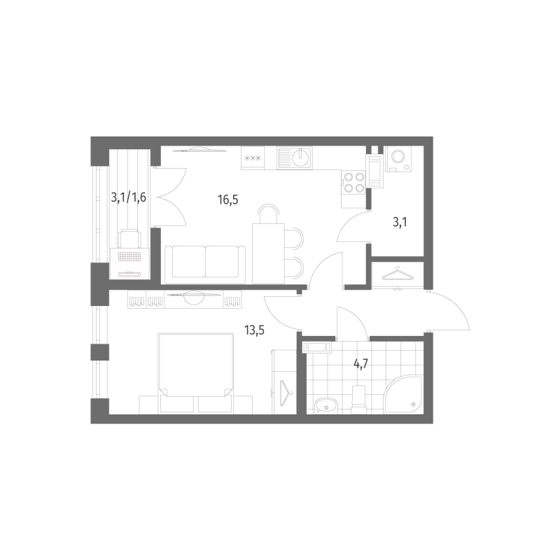 2-комнатная (Евро) квартира, 43.4 м² в ЖК "Новый Питер" - планировка, фото №1