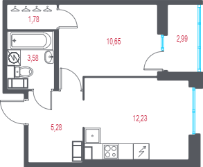 1-комнатная квартира, 35.02 м² в ЖК "Город-спутник Южный" - планировка, фото №1