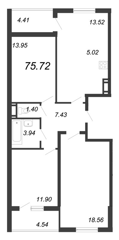 4-комнатная (Евро) квартира, 79.8 м² - планировка, фото №1