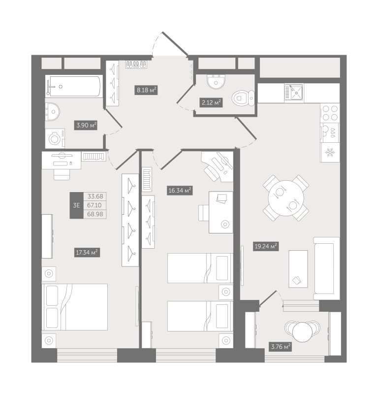 3-комнатная (Евро) квартира, 68.98 м² - планировка, фото №1