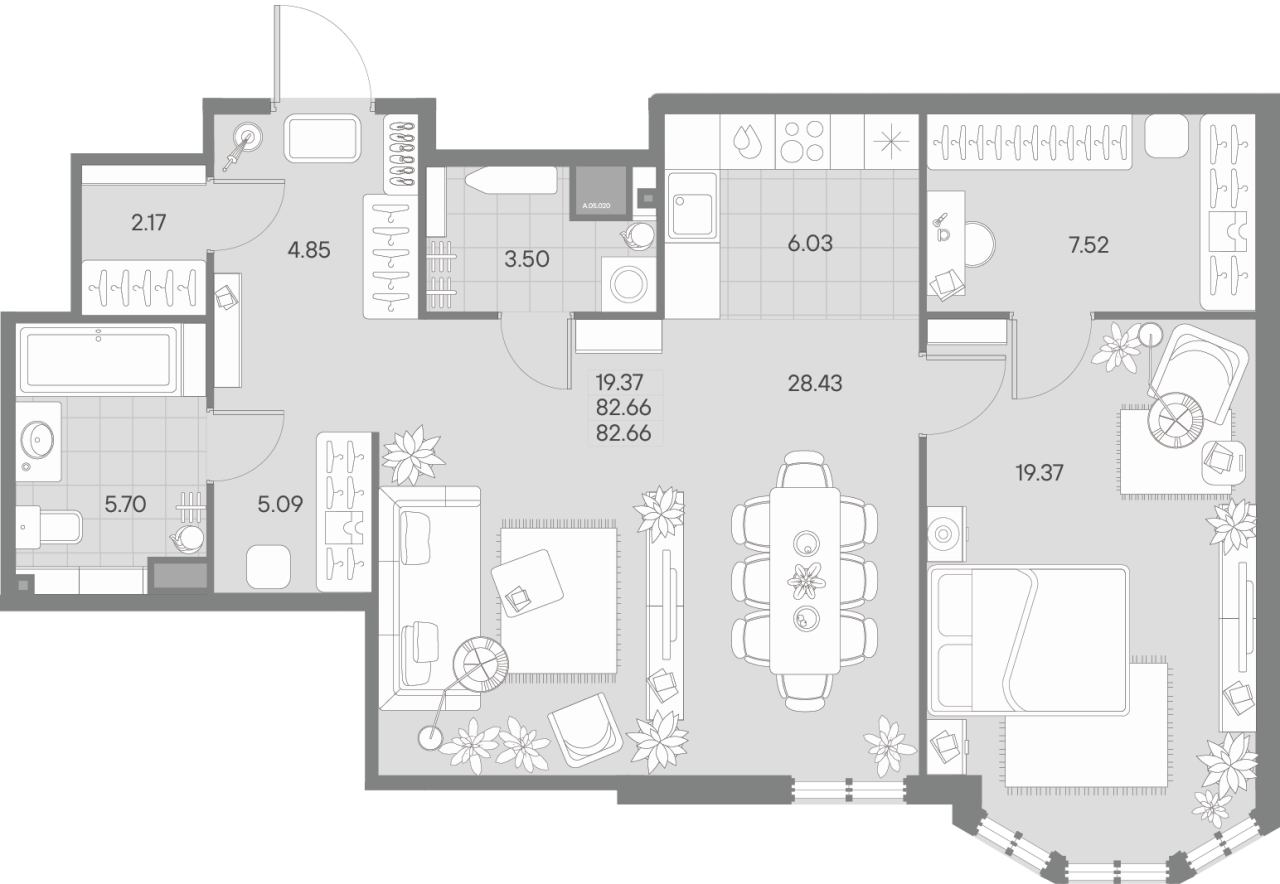 3-комнатная (Евро) квартира, 82.66 м² в ЖК "Amo" - планировка, фото №1