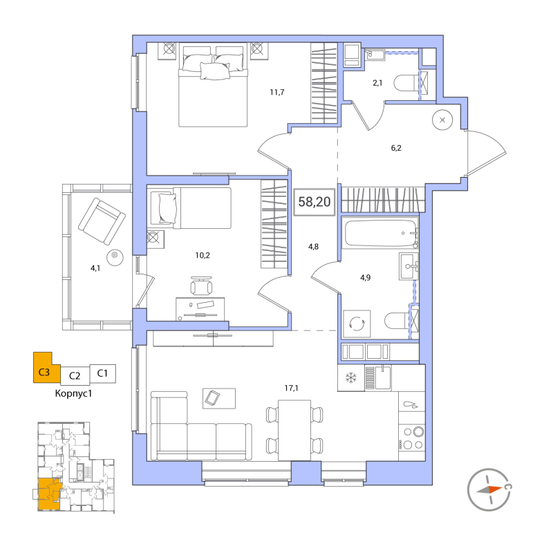 3-комнатная (Евро) квартира, 58.2 м² - планировка, фото №1