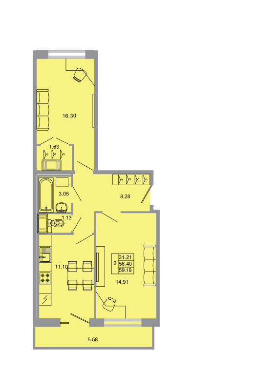 2-комнатная квартира, 57.6 м² - планировка, фото №1