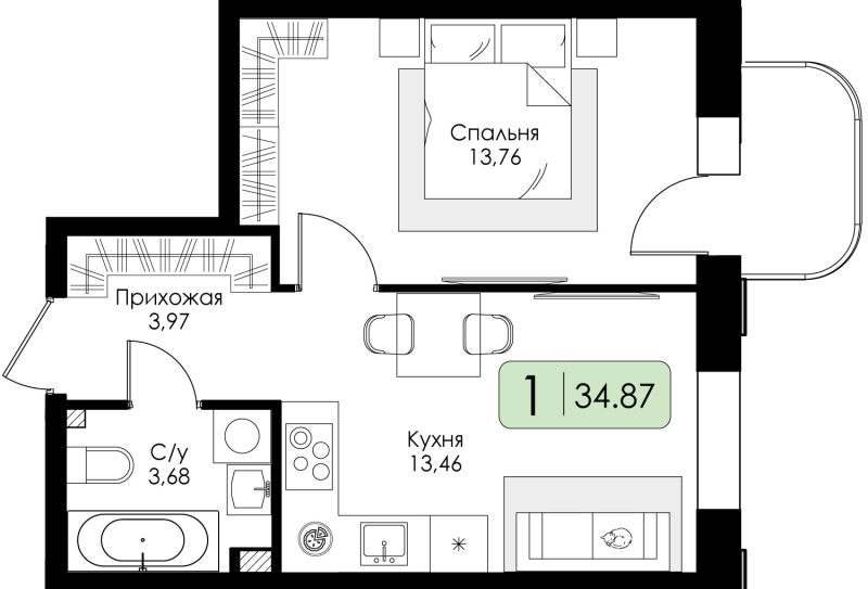 1-комнатная квартира, 34.87 м² в ЖК "Всевгород" - планировка, фото №1