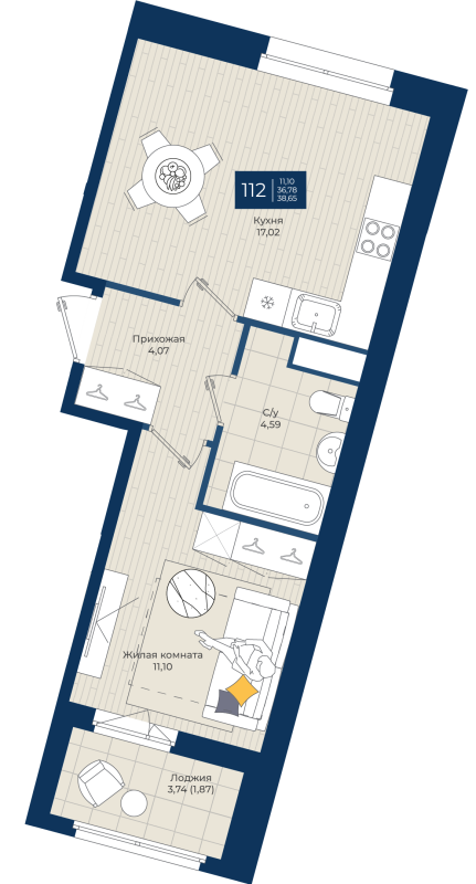2-комнатная (Евро) квартира, 38.65 м² в ЖК "Новатория" - планировка, фото №1