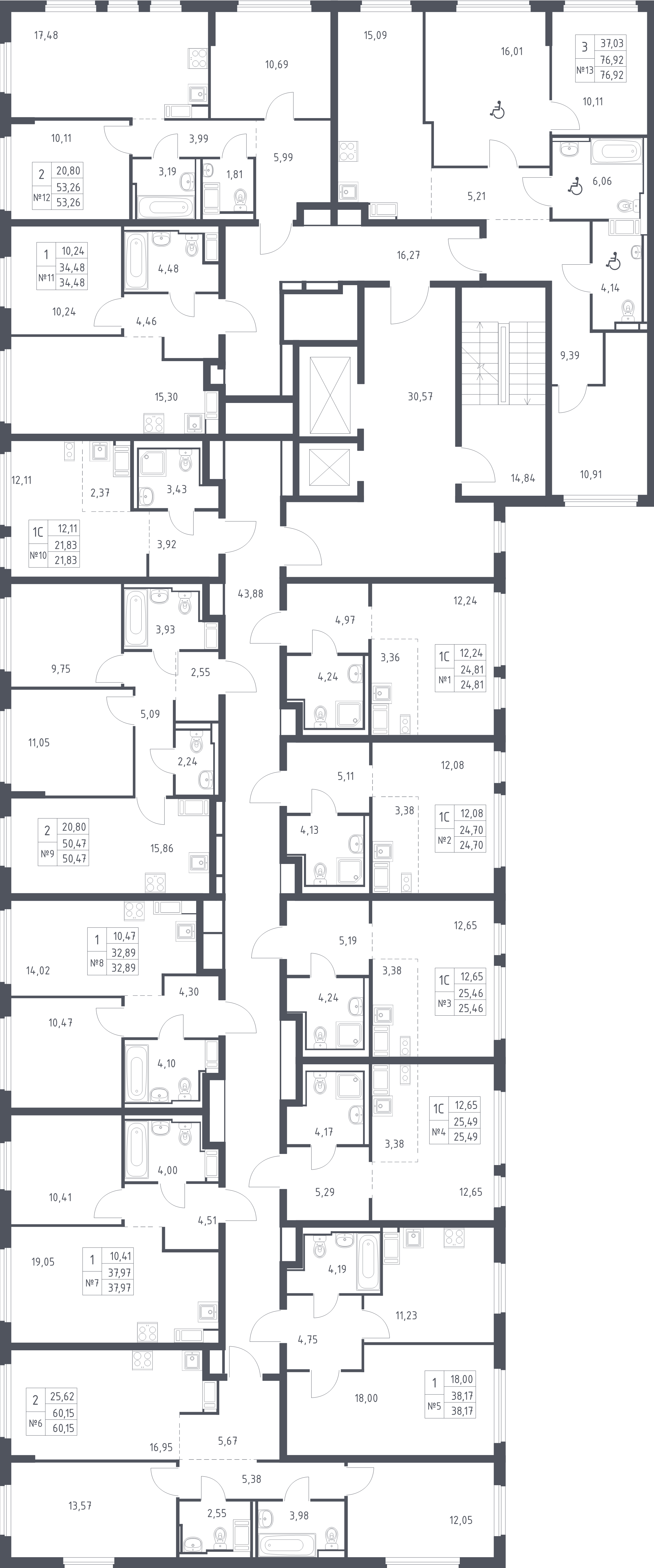 3-комнатная (Евро) квартира, 53.26 м² в ЖК "Новое Колпино" - планировка этажа