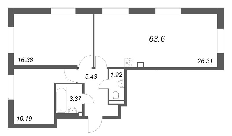 3-комнатная (Евро) квартира, 63.6 м² в ЖК "Цивилизация на неве" - планировка, фото №1