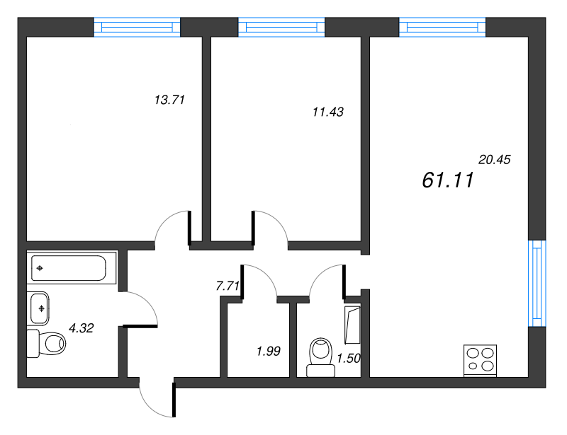 3-комнатная (Евро) квартира, 61.4 м² - планировка, фото №1