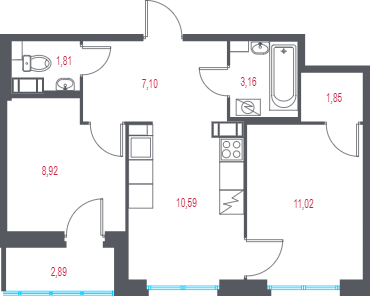 2-комнатная квартира, 45.9 м² в ЖК "Город-спутник Южный" - планировка, фото №1