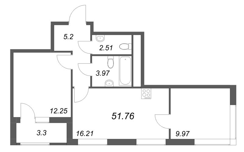 3-комнатная (Евро) квартира, 51.76 м² в ЖК "Гранат" - планировка, фото №1
