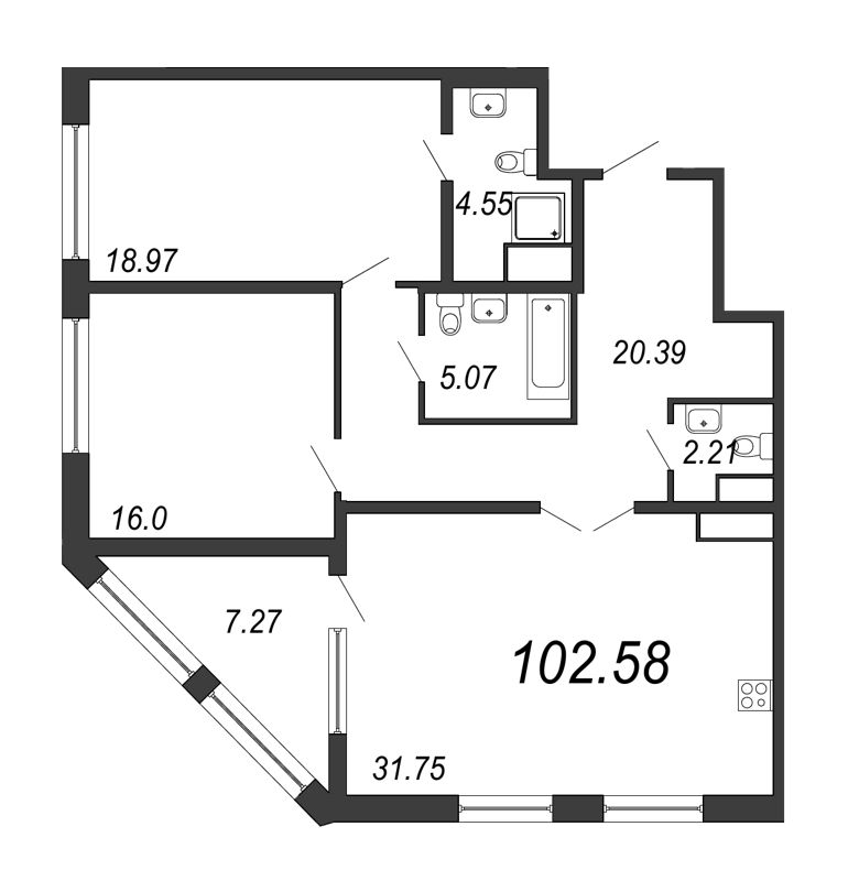 3-комнатная (Евро) квартира, 101.3 м² в ЖК "Дефанс Премиум" - планировка, фото №1
