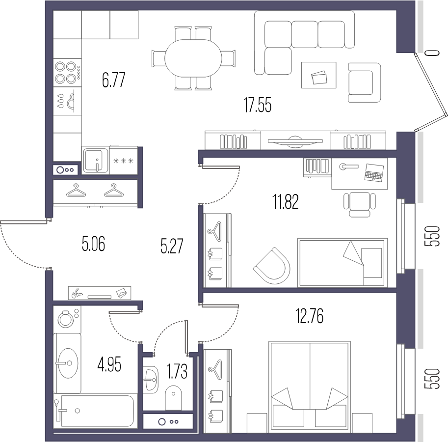 3-комнатная (Евро) квартира, 65.91 м² в ЖК "Большой Сампсониевский, 32" - планировка, фото №1