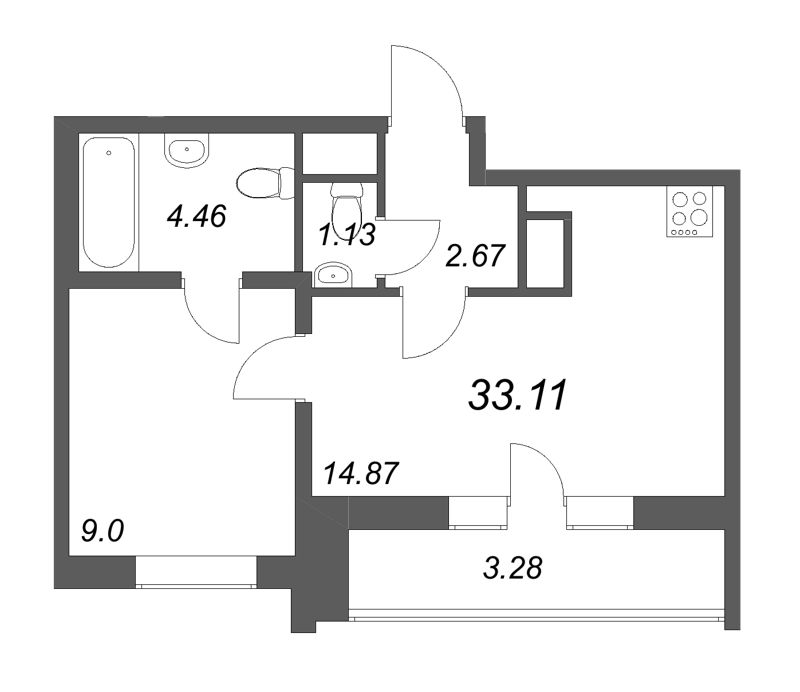1-комнатная квартира, 33.11 м² - планировка, фото №1