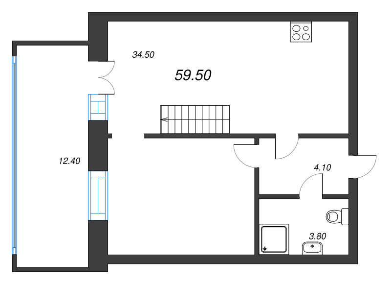 1-комнатная квартира, 59.9 м² - планировка, фото №1
