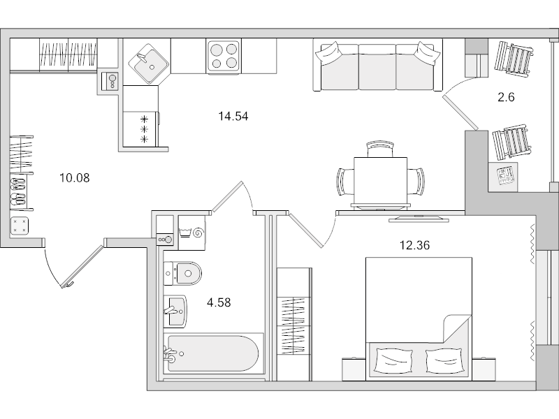 1-комнатная квартира, 44.16 м² в ЖК "Город Первых" - планировка, фото №1