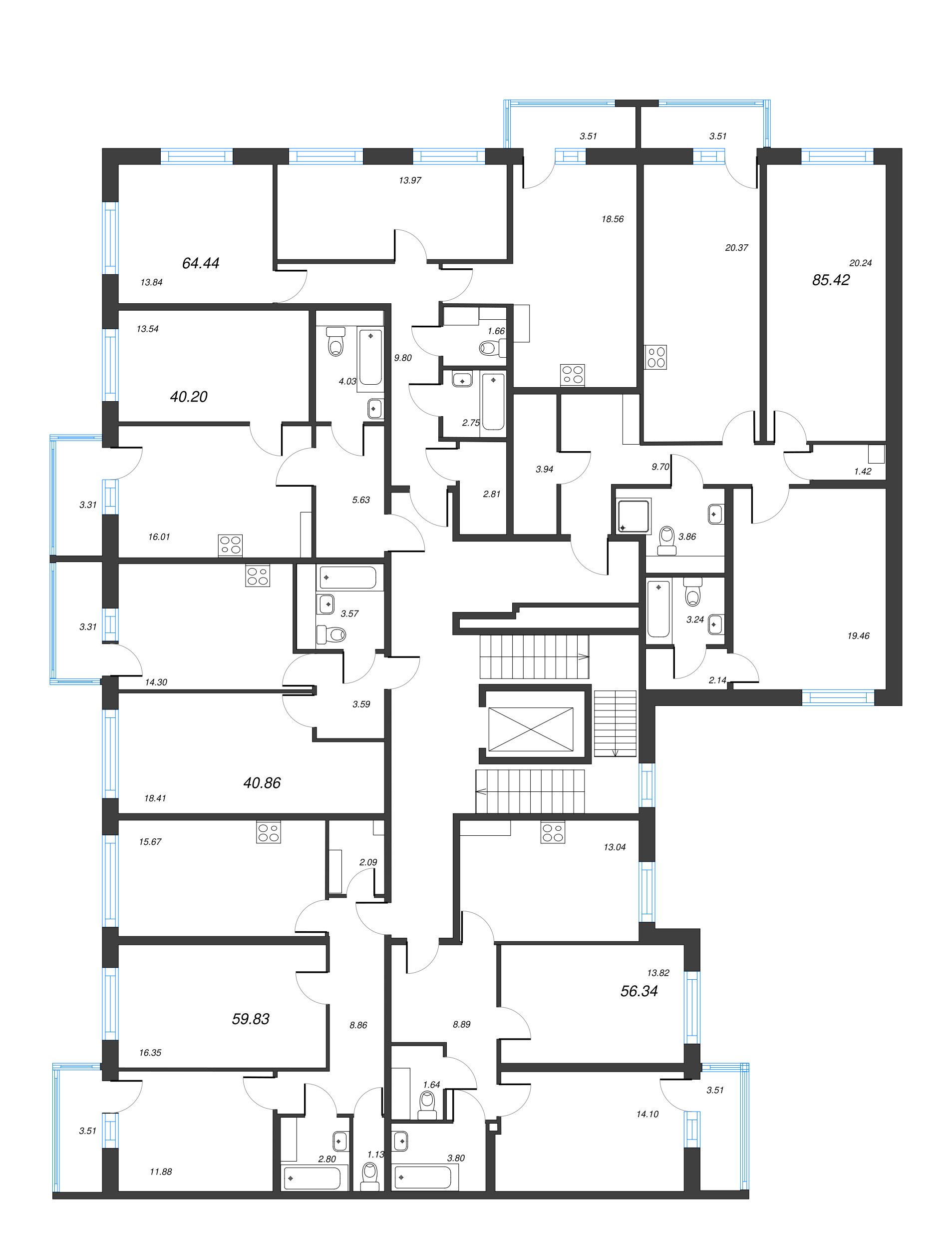 3-комнатная (Евро) квартира, 84.37 м² - планировка этажа