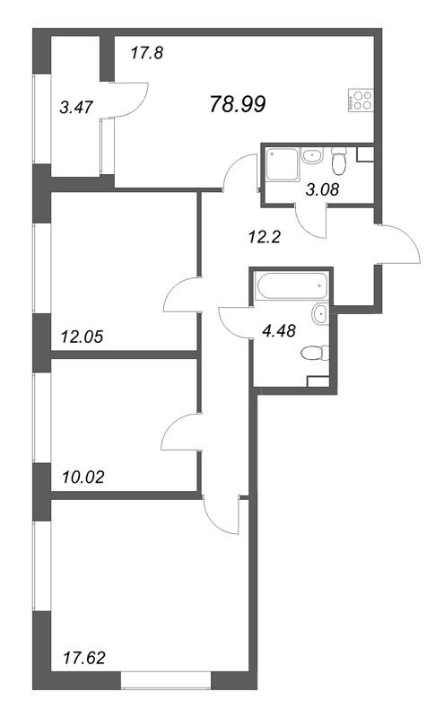 4-комнатная (Евро) квартира, 78.99 м² в ЖК "Аурум" - планировка, фото №1