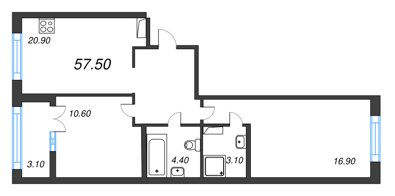 2-комнатная квартира, 57.5 м² в ЖК "NewПитер 2.0" - планировка, фото №1