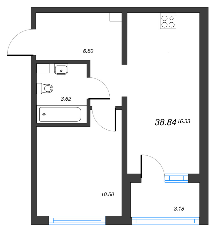 2-комнатная (Евро) квартира, 38.84 м² - планировка, фото №1