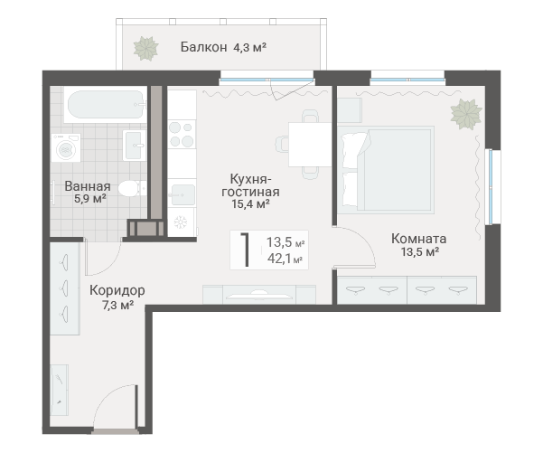 2-комнатная (Евро) квартира, 42.1 м² в ЖК "Руднева 15" - планировка, фото №1