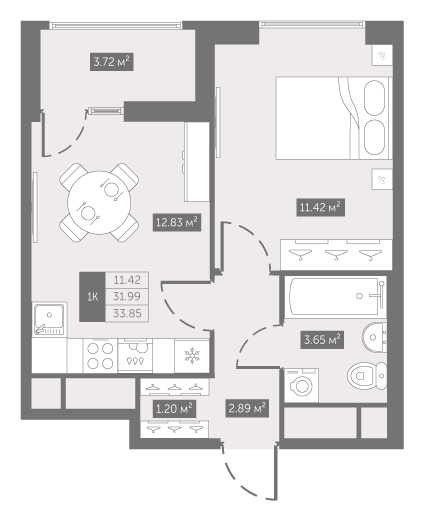 1-комнатная квартира, 33.85 м² в ЖК "UP-квартал Новый Московский" - планировка, фото №1