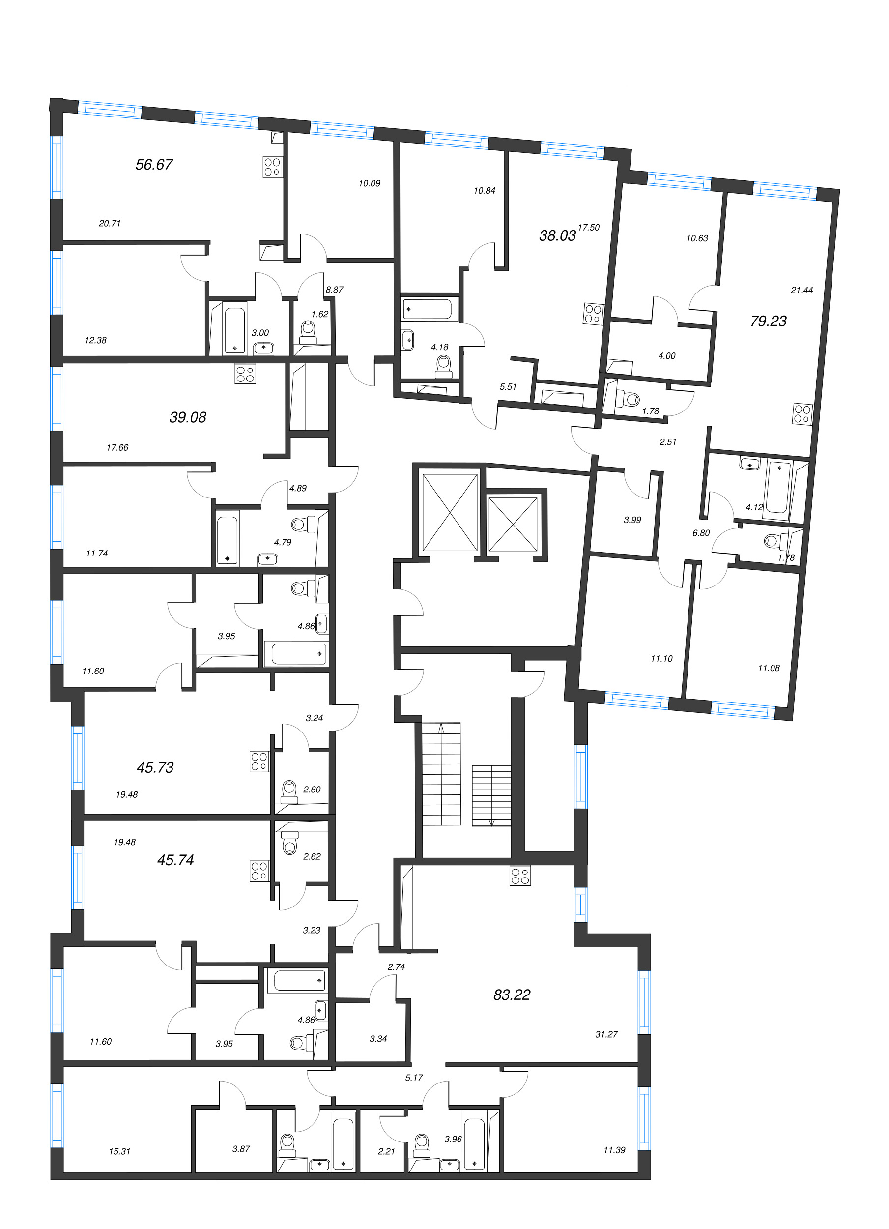 2-комнатная (Евро) квартира, 38.03 м² в ЖК "Legenda Васильевского" - планировка этажа