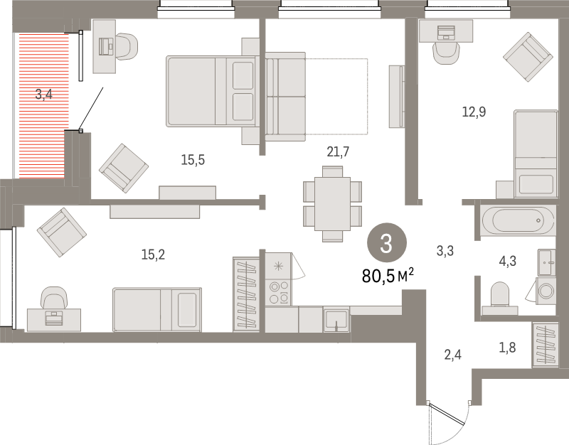 4-комнатная (Евро) квартира, 80.5 м² в ЖК "Северный ветер" - планировка, фото №1