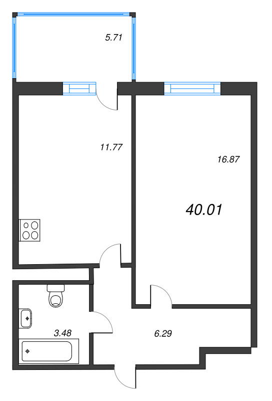 1-комнатная квартира, 40.01 м² - планировка, фото №1