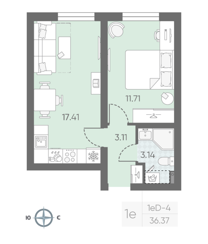 1-комнатная квартира, 35.37 м² в ЖК "Морская миля" - планировка, фото №1