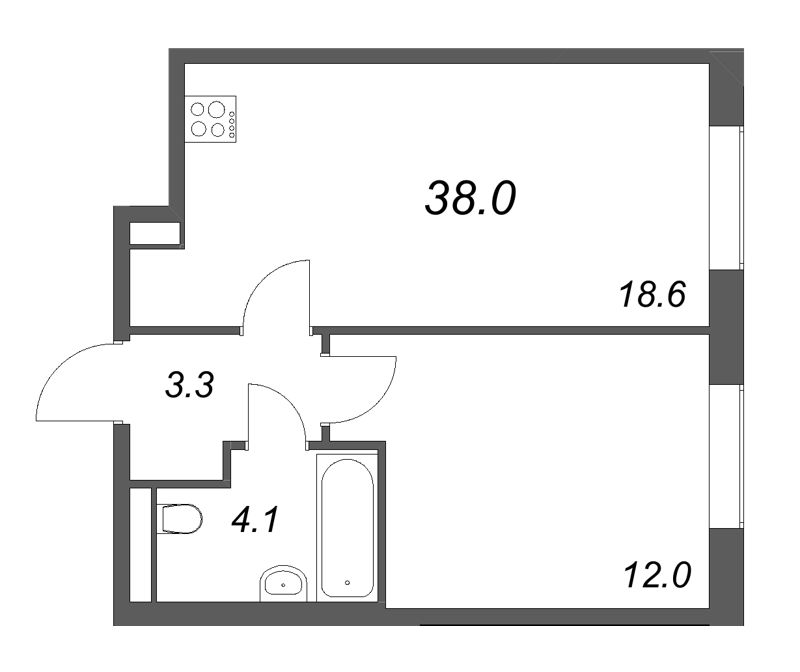 2-комнатная (Евро) квартира, 38 м² в ЖК "Большая Охта" - планировка, фото №1
