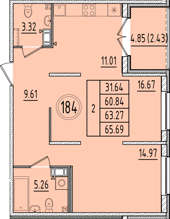 2-комнатная квартира, 60.84 м² в ЖК "Образцовый квартал 6.4" - планировка, фото №1