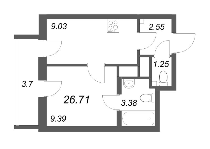 1-комнатная квартира, 26.71 м² - планировка, фото №1