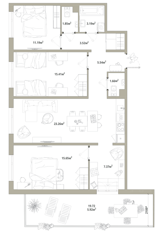 4-комнатная (Евро) квартира, 94.56 м² в ЖК "Тишин" - планировка, фото №1