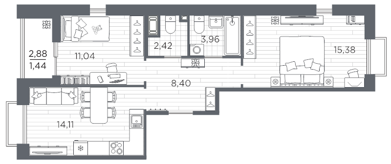 2-комнатная квартира, 56.75 м² в ЖК "Респект" - планировка, фото №1