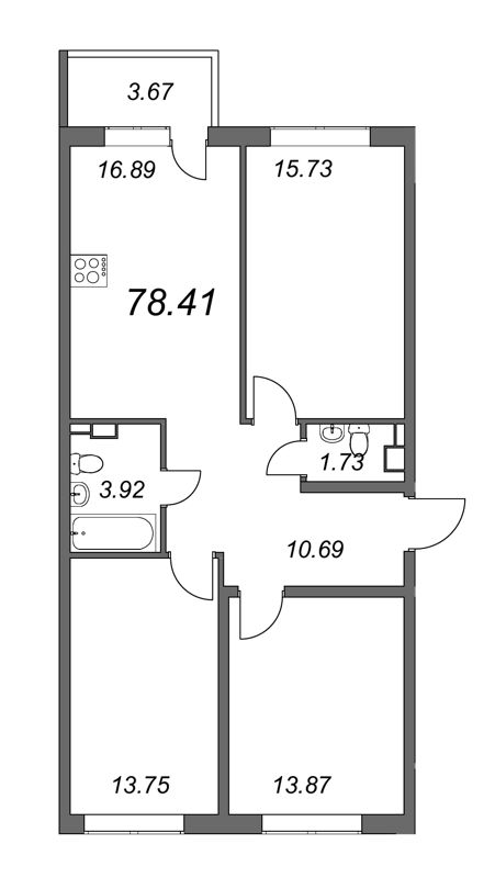 3-комнатная квартира, 79.5 м² - планировка, фото №1
