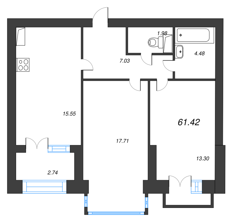 3-комнатная (Евро) квартира, 64.9 м² - планировка, фото №1