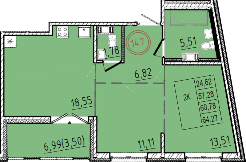 3-комнатная (Евро) квартира, 57.28 м² в ЖК "Образцовый квартал 9.1" - планировка, фото №1