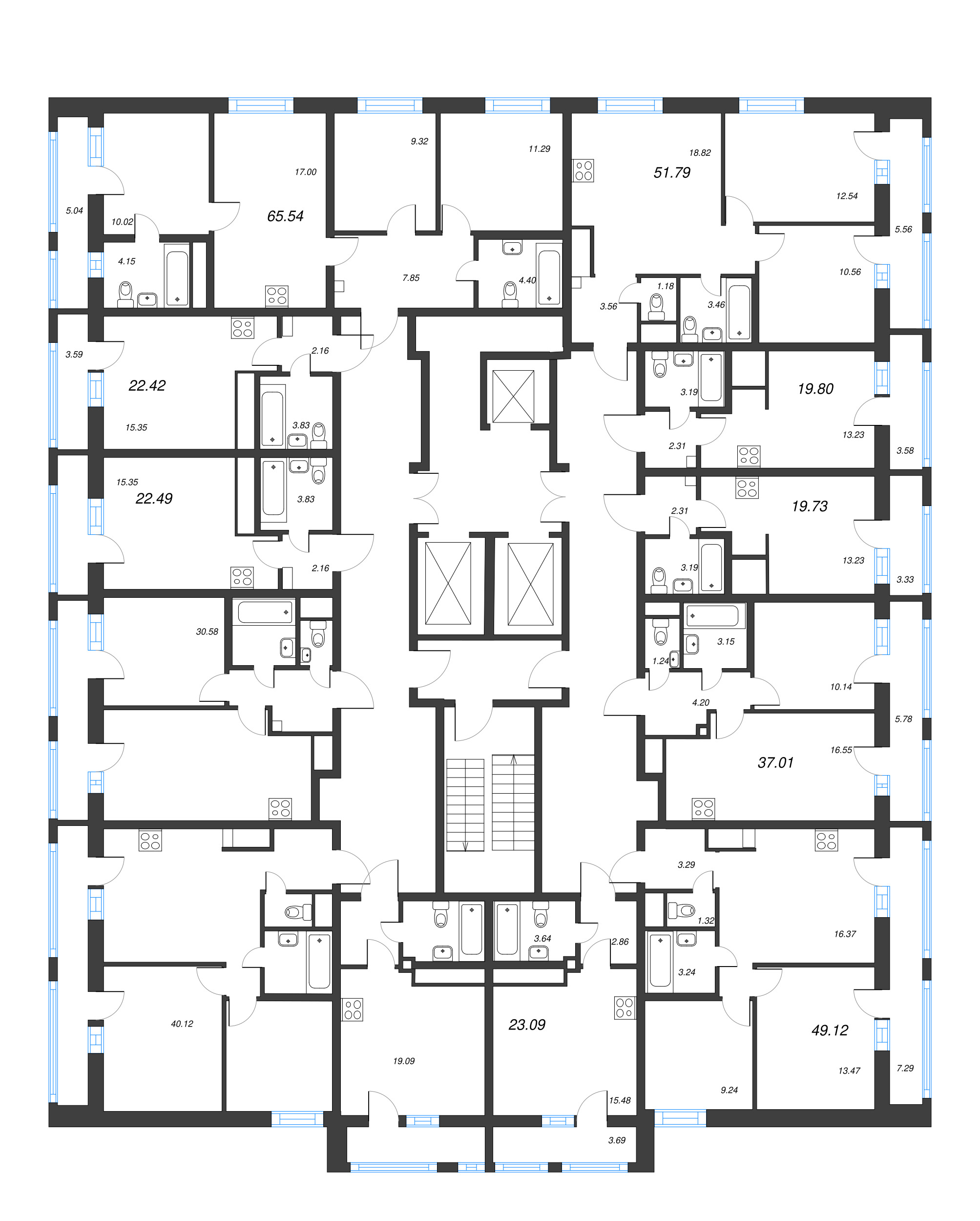 3-комнатная (Евро) квартира, 51.79 м² в ЖК "Старлайт" - планировка этажа