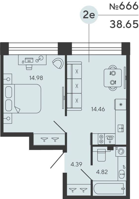 2-комнатная (Евро) квартира, 38.65 м² в ЖК "Bashni Element" - планировка, фото №1