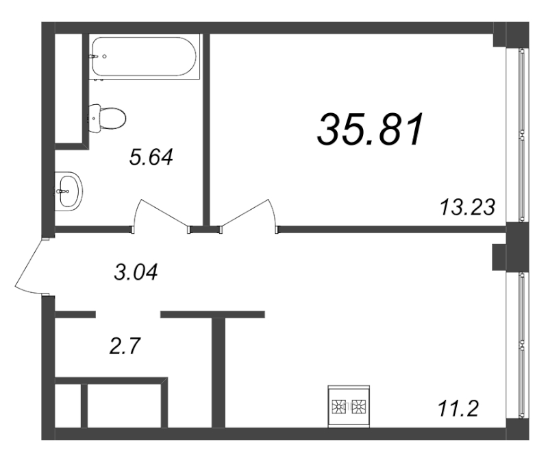 1-комнатная квартира, 35.81 м² - планировка, фото №1