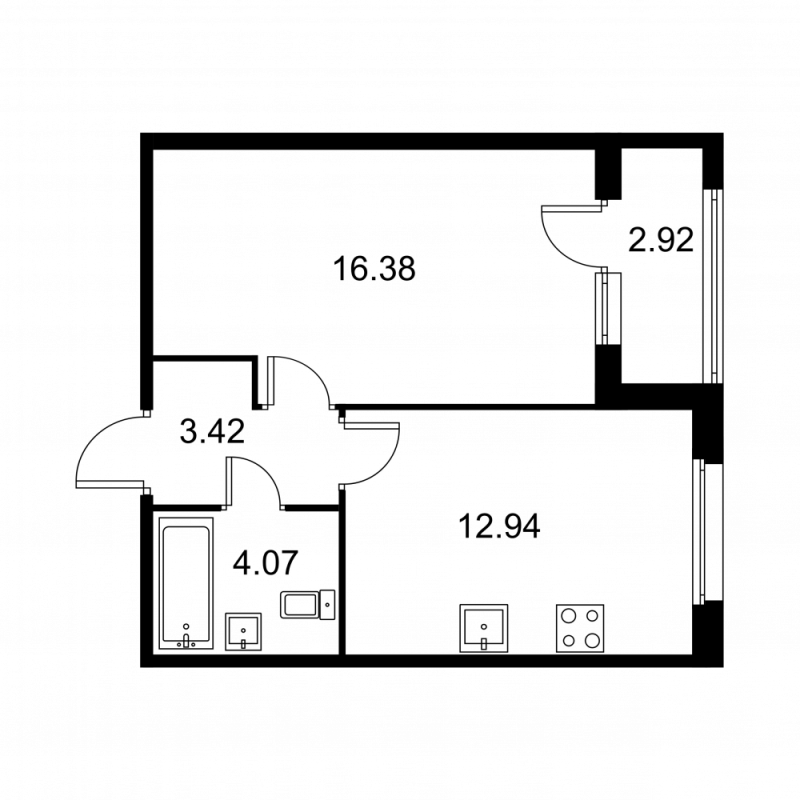 1-комнатная квартира, 38.27 м² - планировка, фото №1
