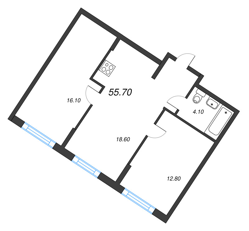 3-комнатная (Евро) квартира, 55.7 м² в ЖК "Ягодное Река Парк" - планировка, фото №1