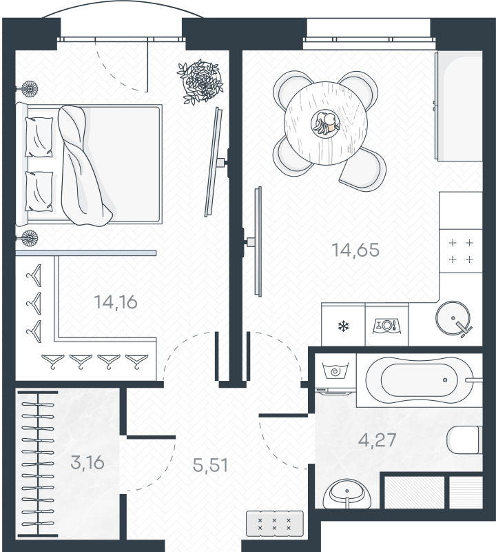 1-комнатная квартира, 42.39 м² в ЖК "MONODOM-ART" - планировка, фото №1