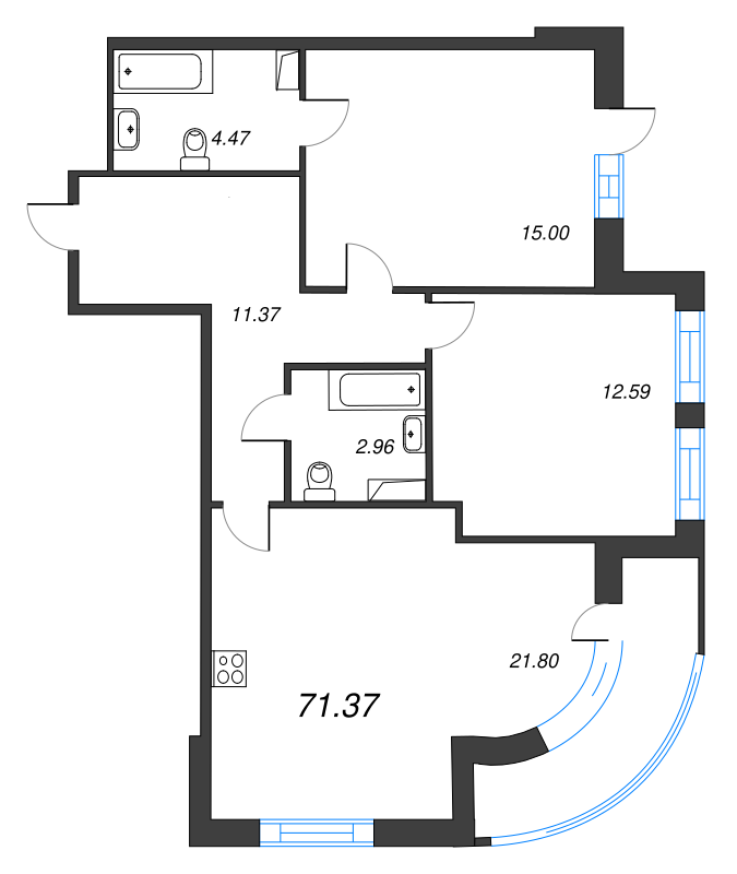 3-комнатная (Евро) квартира, 71.37 м² - планировка, фото №1